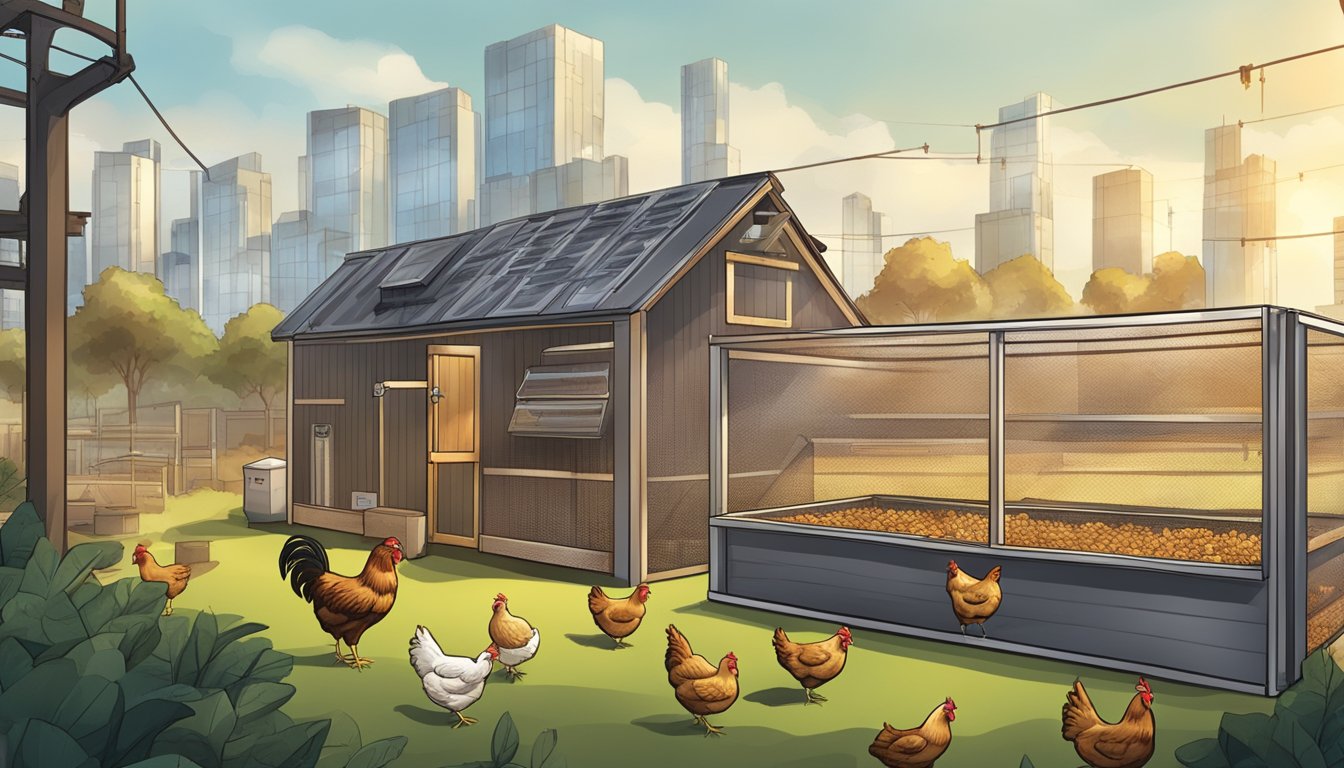 A chicken coop with automated feeding system and digital timers, surrounded by a busy urban landscape