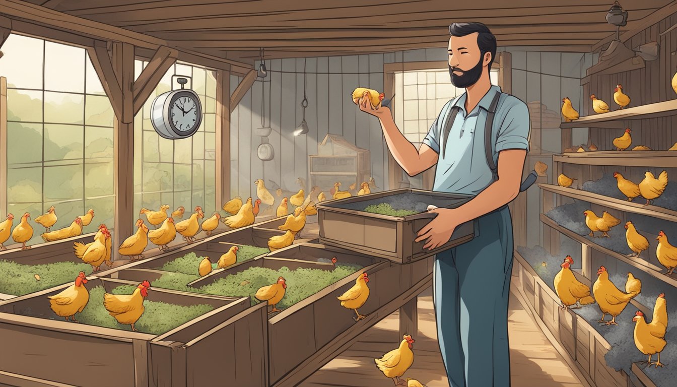 A busy person juggling tasks while tending to chickens in a well-organized coop with a schedule and clock visible