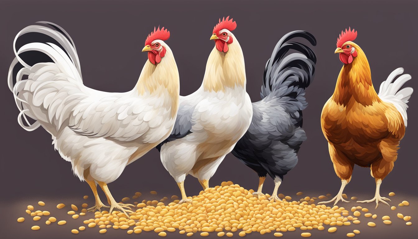 A group of healthy chickens pecking at a mixture of feed containing lysine amino acid and essential vitamins and minerals