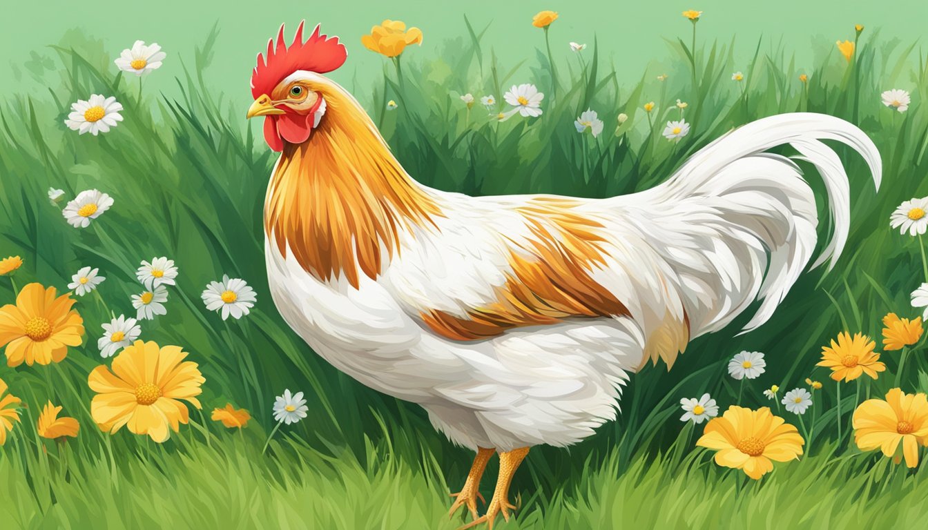 A chicken pecking at the ground, surrounded by fresh green grass and bright flowers, with a contented expression and fluffed-up feathers