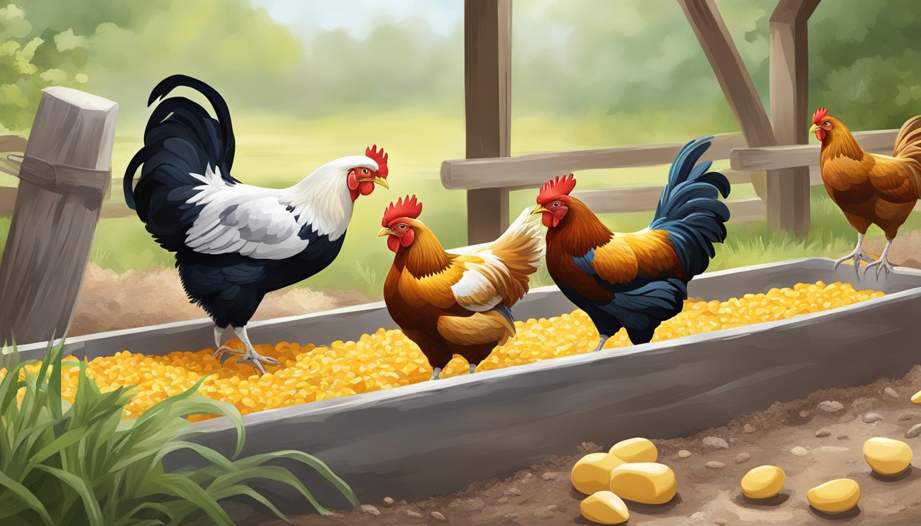 A group of vibrant and healthy chickens pecking at a feed trough filled with magnesium sulfate and essential vitamins and minerals