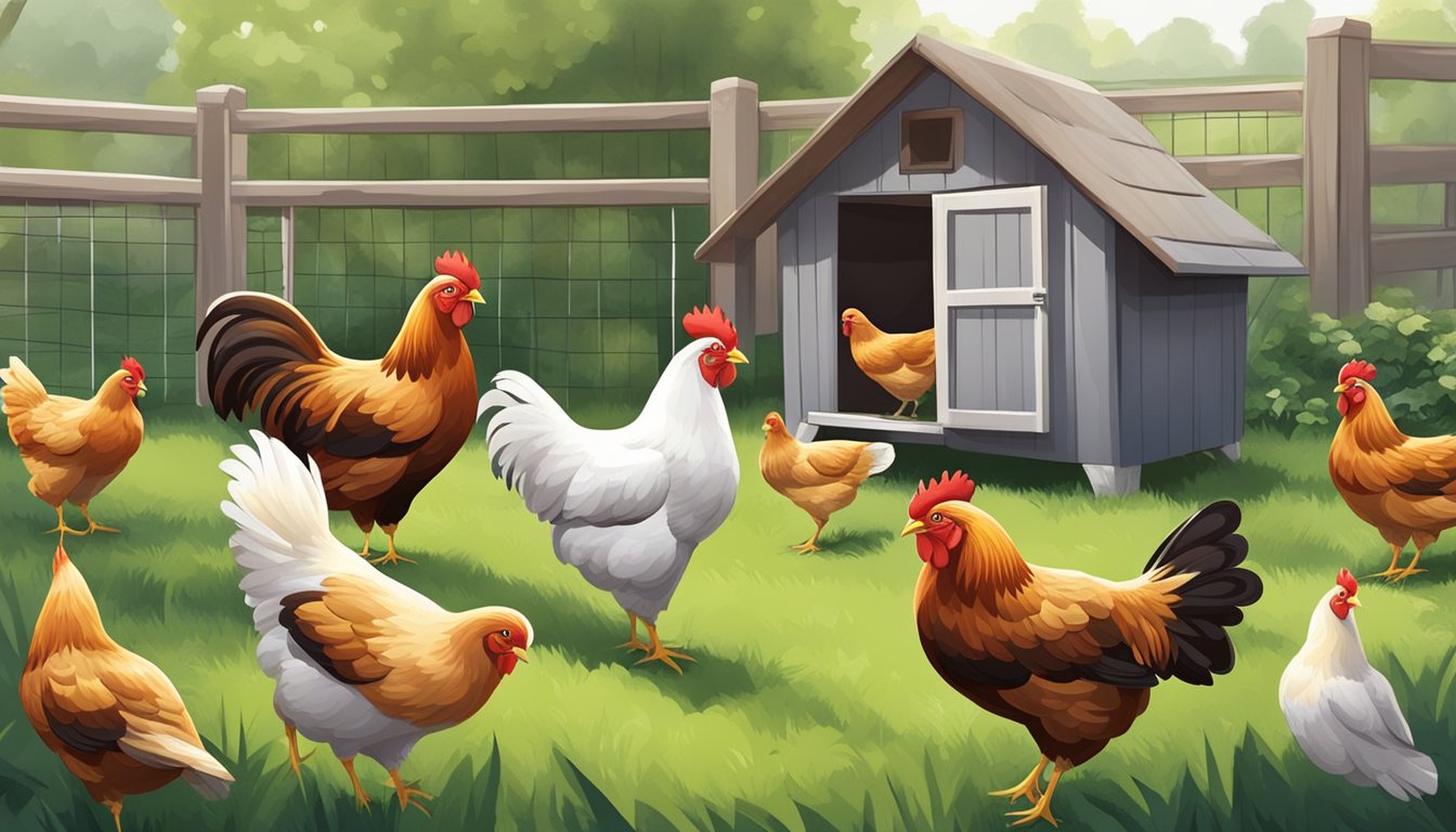 A cozy backyard coop with a variety of low-maintenance chicken breeds happily pecking and scratching in the grassy yard