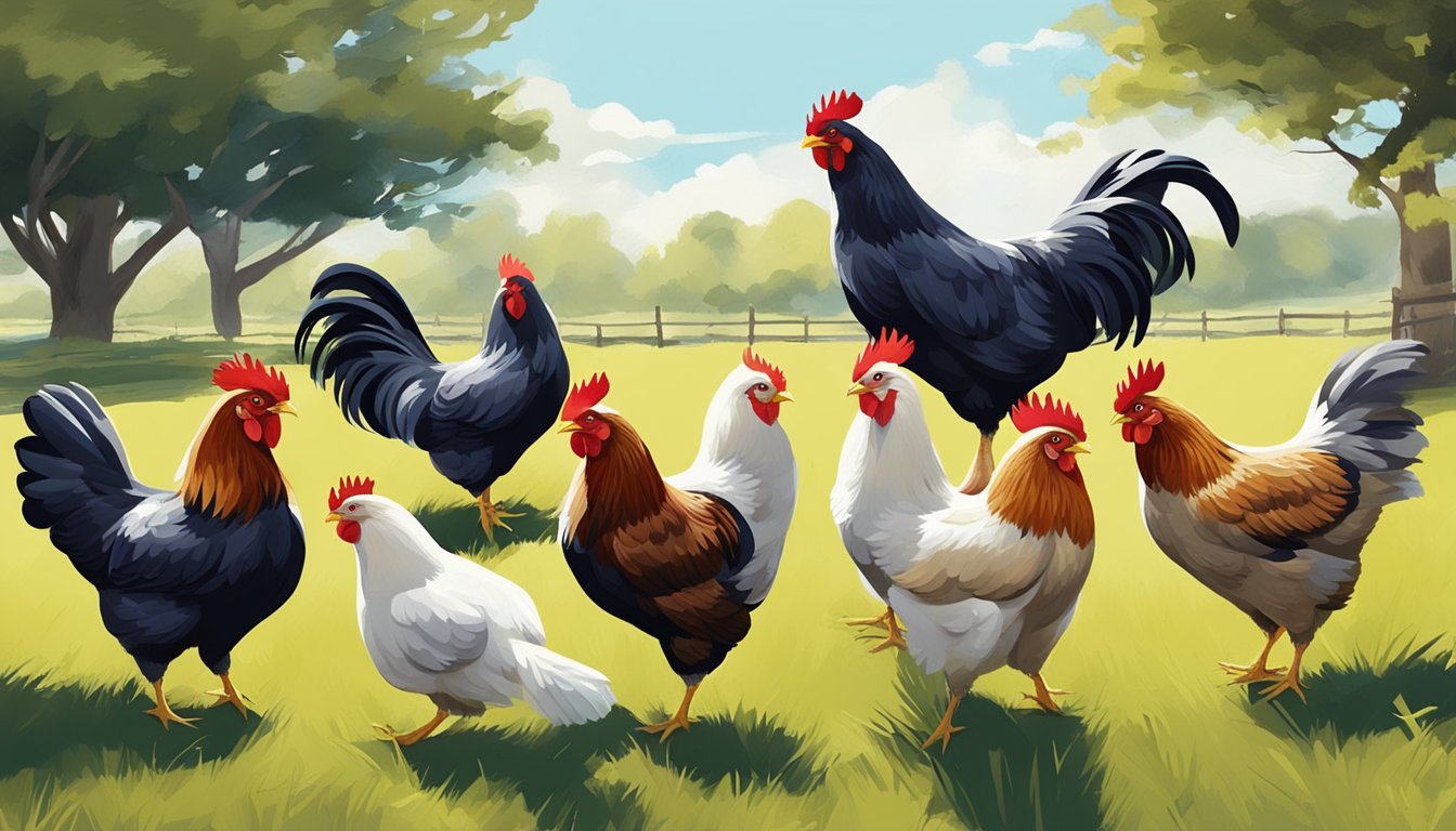 A group of chickens pecking and scratching in a spacious, grassy area, clucking and flapping their wings in a relaxed and content manner