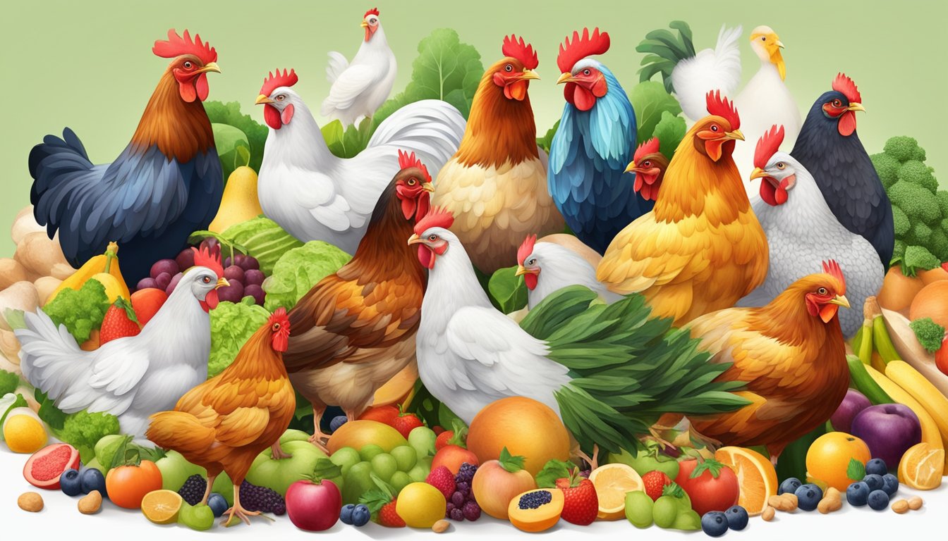 A group of healthy chickens pecking at a pile of iron phosphate and a variety of colorful fruits and vegetables, surrounded by a mix of essential vitamins and minerals