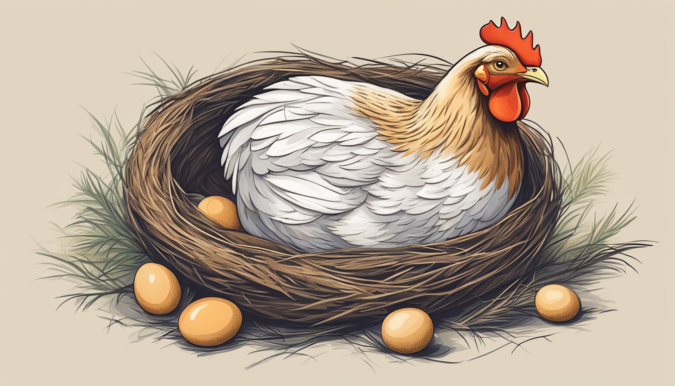 A contented hen nestled in a cozy nest, surrounded by a dozen freshly laid eggs