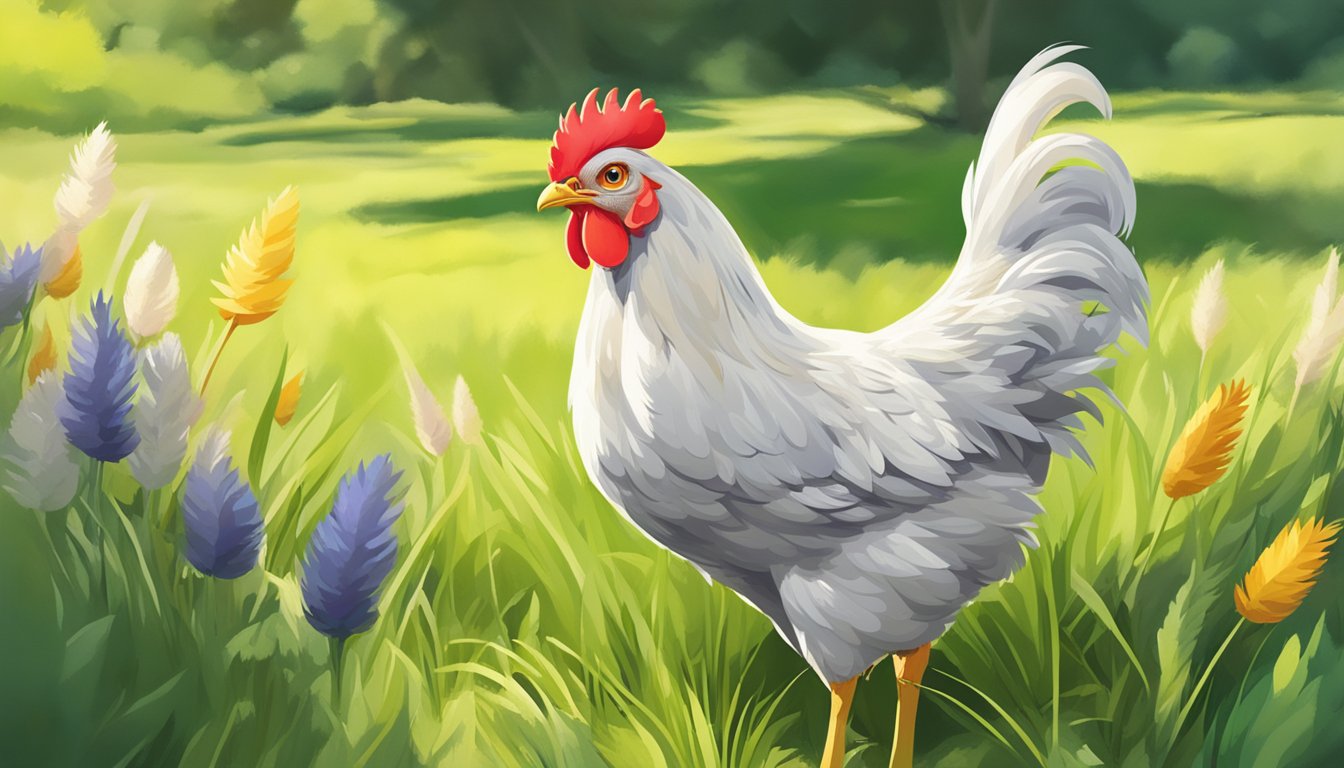 A chicken with bright, wide eyes, standing tall and fluffing its feathers, surrounded by fresh green grass and basking in the sunlight