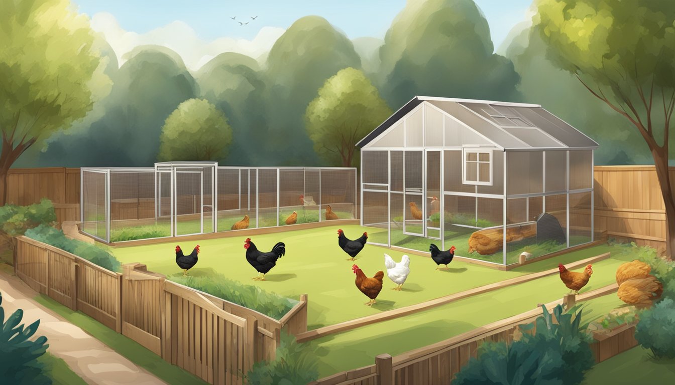 A backyard with individual spaces for chickens, including separate feeding and nesting areas, and room for them to roam freely