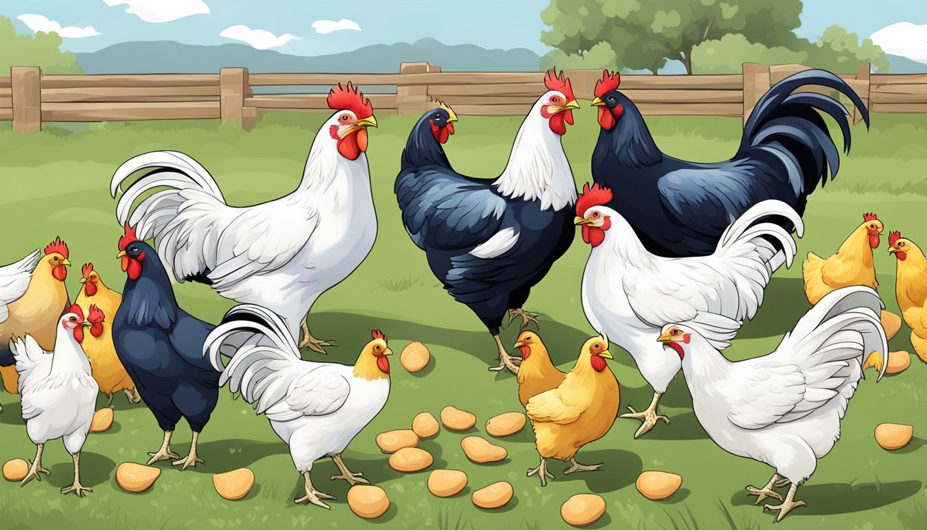 A group of healthy chickens pecking at feed containing zinc oxide and essential vitamins and minerals