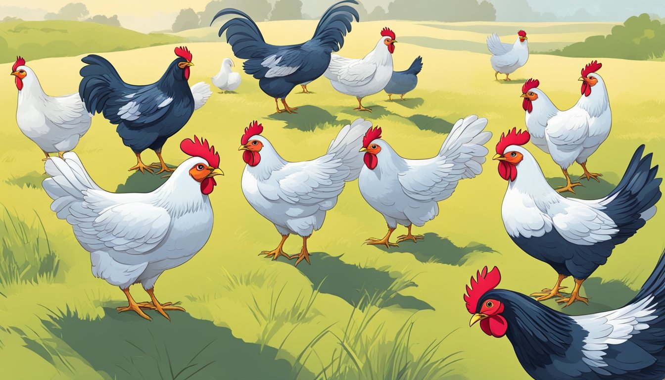 A group of chickens pecking at the ground, flapping their wings, and exploring their surroundings with bright, alert eyes