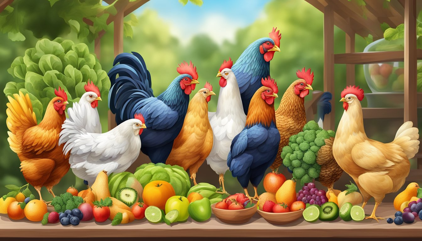 A group of vibrant and healthy chickens surrounded by a variety of colorful fruits and vegetables, showcasing the importance of essential vitamins and minerals in their diet