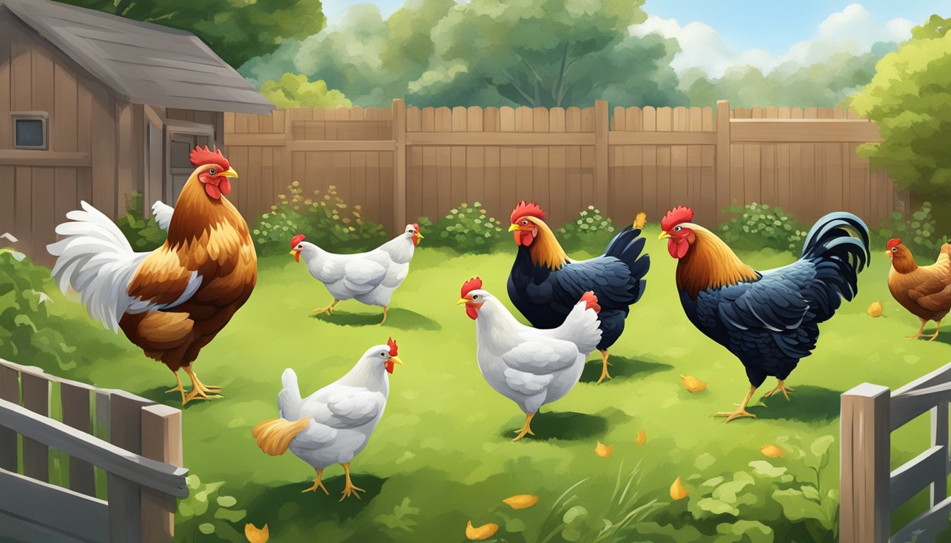 A group of chickens pecking at a mix of grains and leafy greens scattered across the backyard, surrounded by a coop and fencing