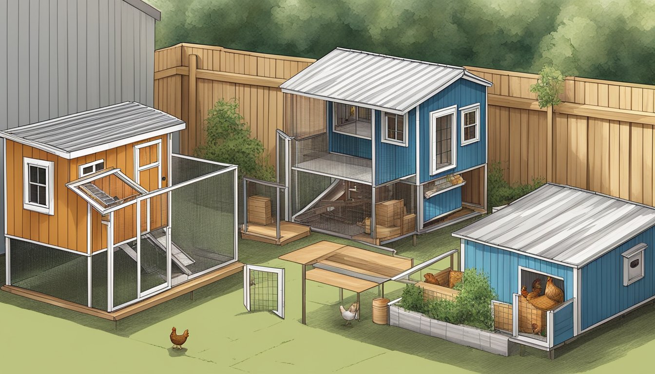 A small urban backyard with 8 unique chicken coop designs, each showcasing creative and stylish elements