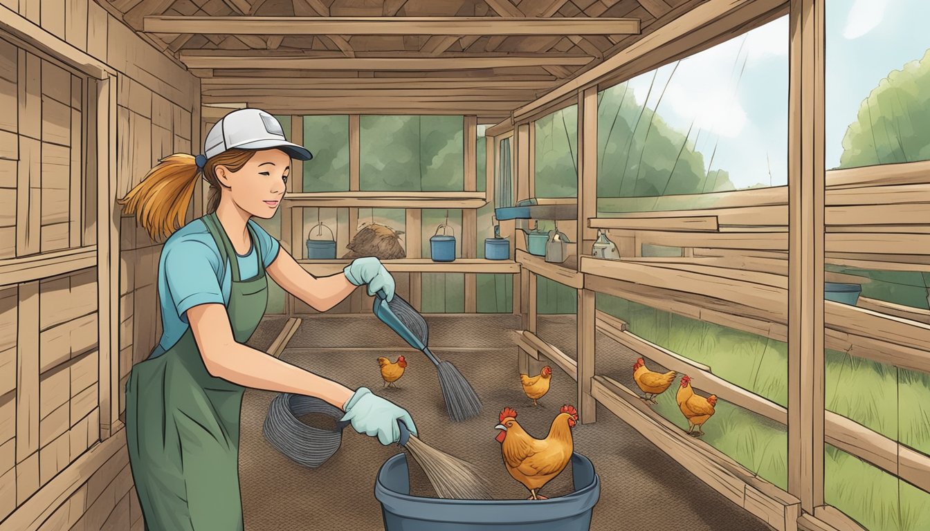 A person cleaning a chicken coop, removing droppings and following essential tips for a healthier flock