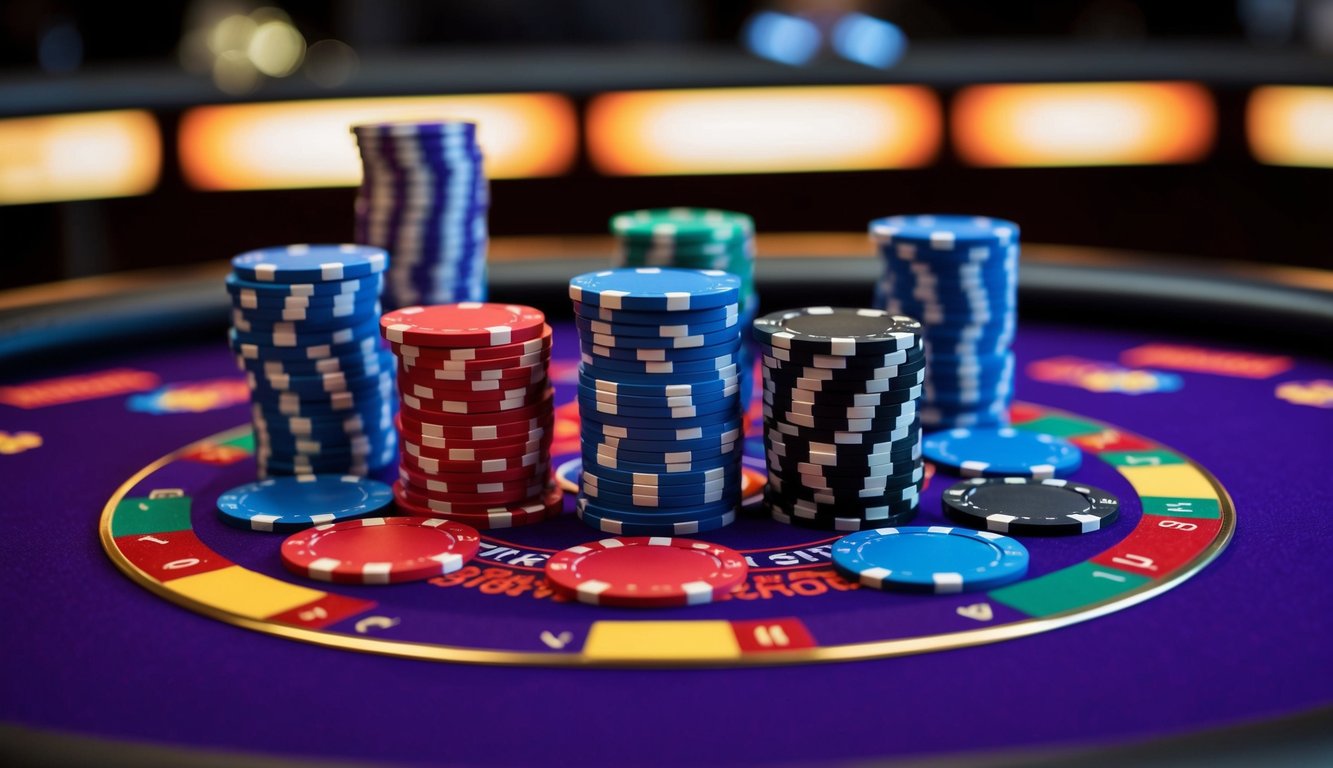 Sebuah meja poker online yang cerah dengan chip dan kartu berwarna-warni