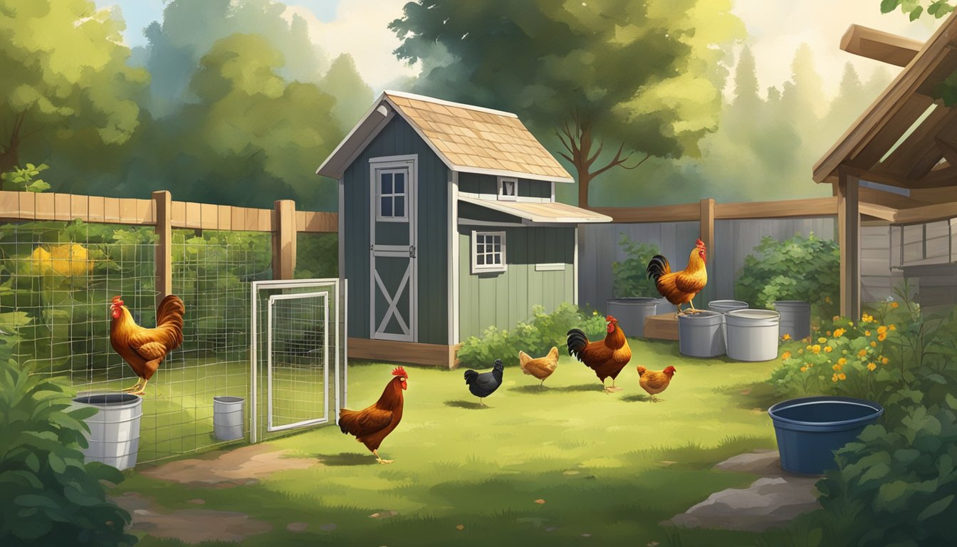 A backyard with a small coop, feeding stations, and water containers. Chickens roam freely in a fenced area with greenery and a small shed for storage