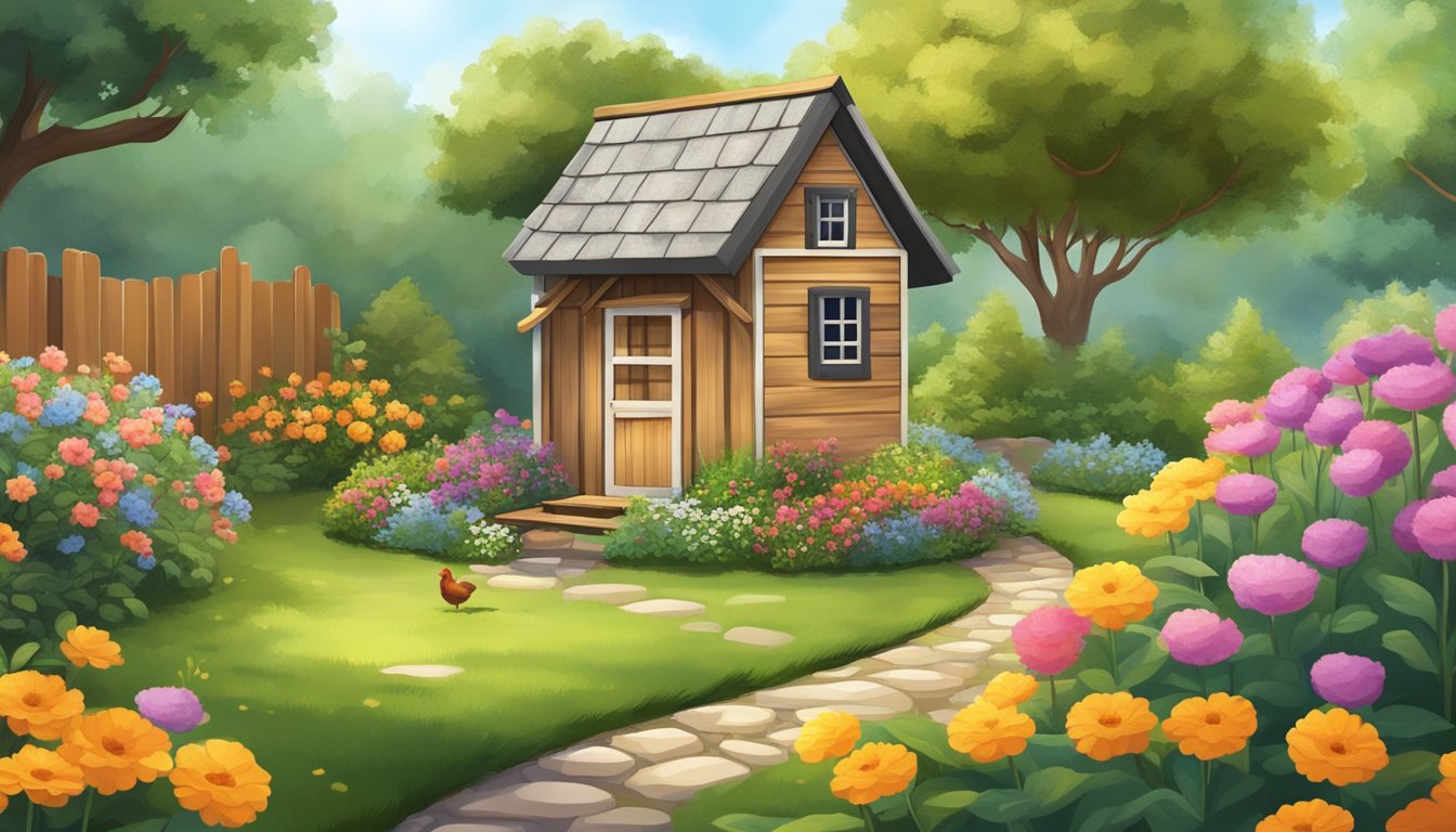 A cozy, compact chicken coop nestled in a small garden with colorful flowers and a winding path