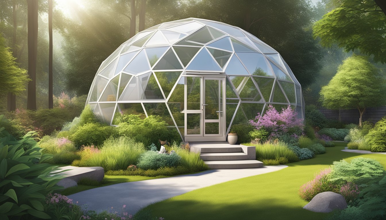 A geodesic dome chicken coop nestled in a small urban backyard, surrounded by lush greenery and modern landscaping