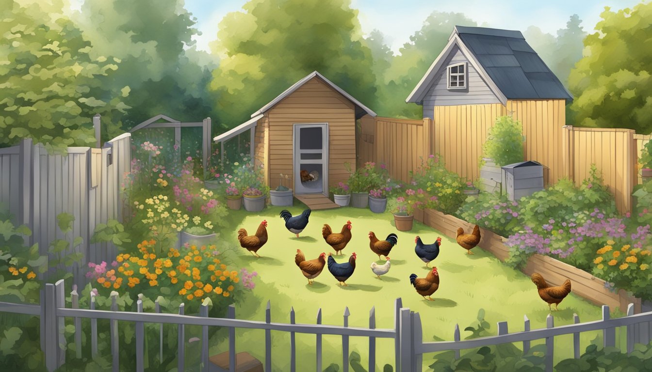 A cozy backyard with a chicken coop, nesting boxes, and a small garden. Chickens roam freely while neighbors chat over a fence