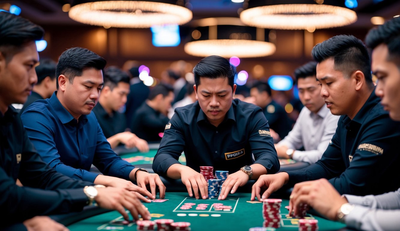 Sekelompok pemain poker di kasino resmi Indonesia, dikelilingi oleh kartu dan chip, dengan ekspresi intens saat mereka bermain