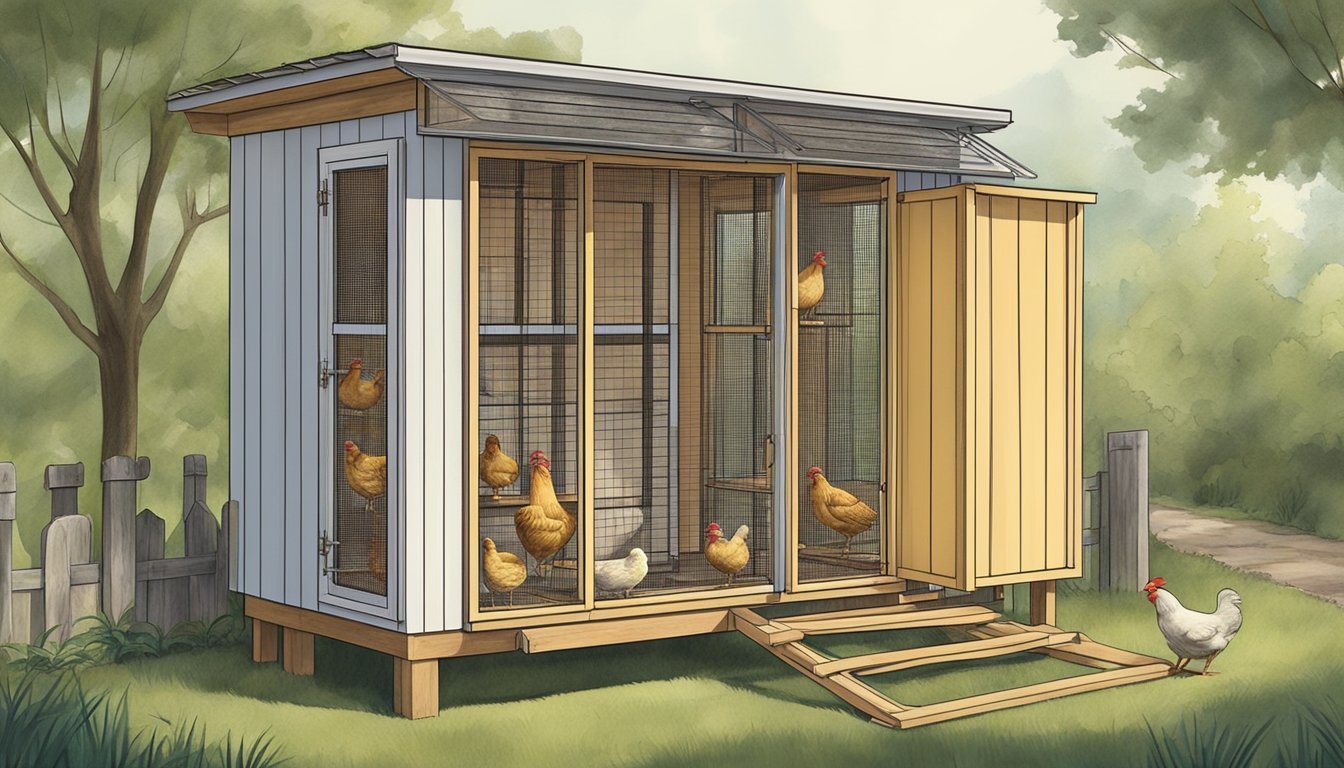 A tall, narrow chicken coop with eight unique designs, nestled in a small space