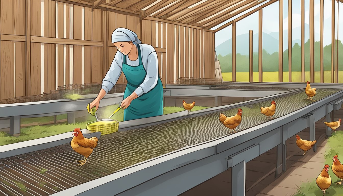 A person disinfects chicken feeding troughs in a clean coop