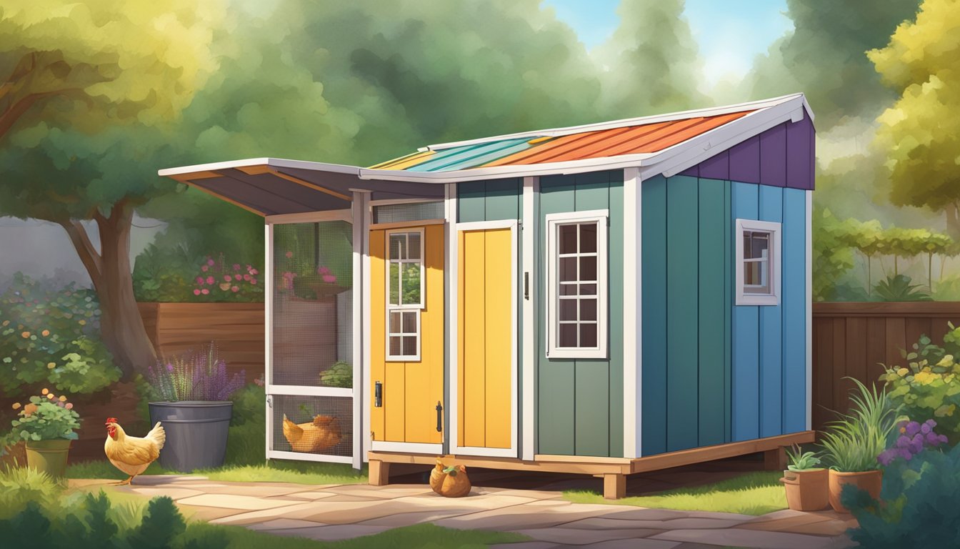 A cozy, colorful chicken coop with a convertible roof and unique design, nestled in a small urban backyard