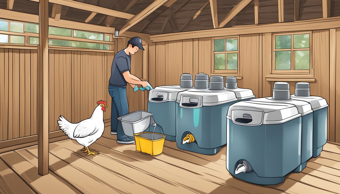 A person regularly sanitizes water dispensers in a chicken coop, following 8 essential cleaning tips for a healthier flock