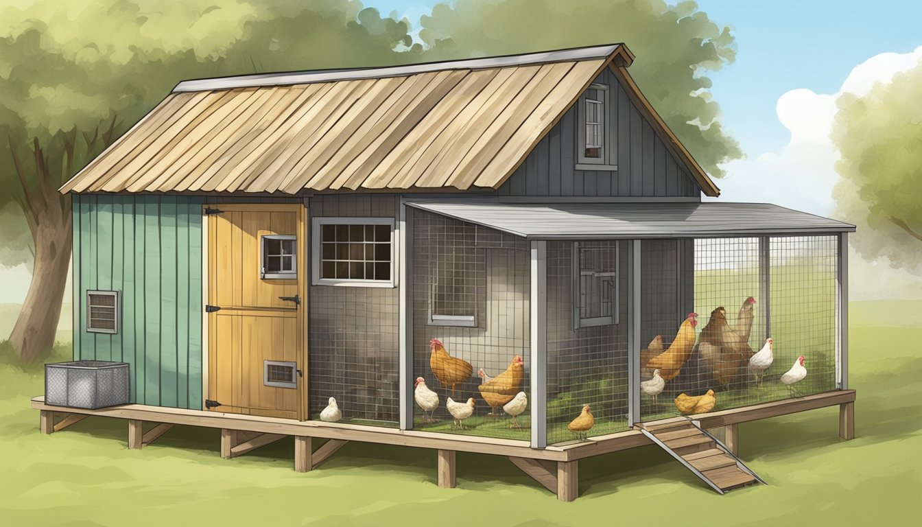 A rustic, weathered barn converted into a stylish and eco-friendly chicken coop, surrounded by small, space-saving designs