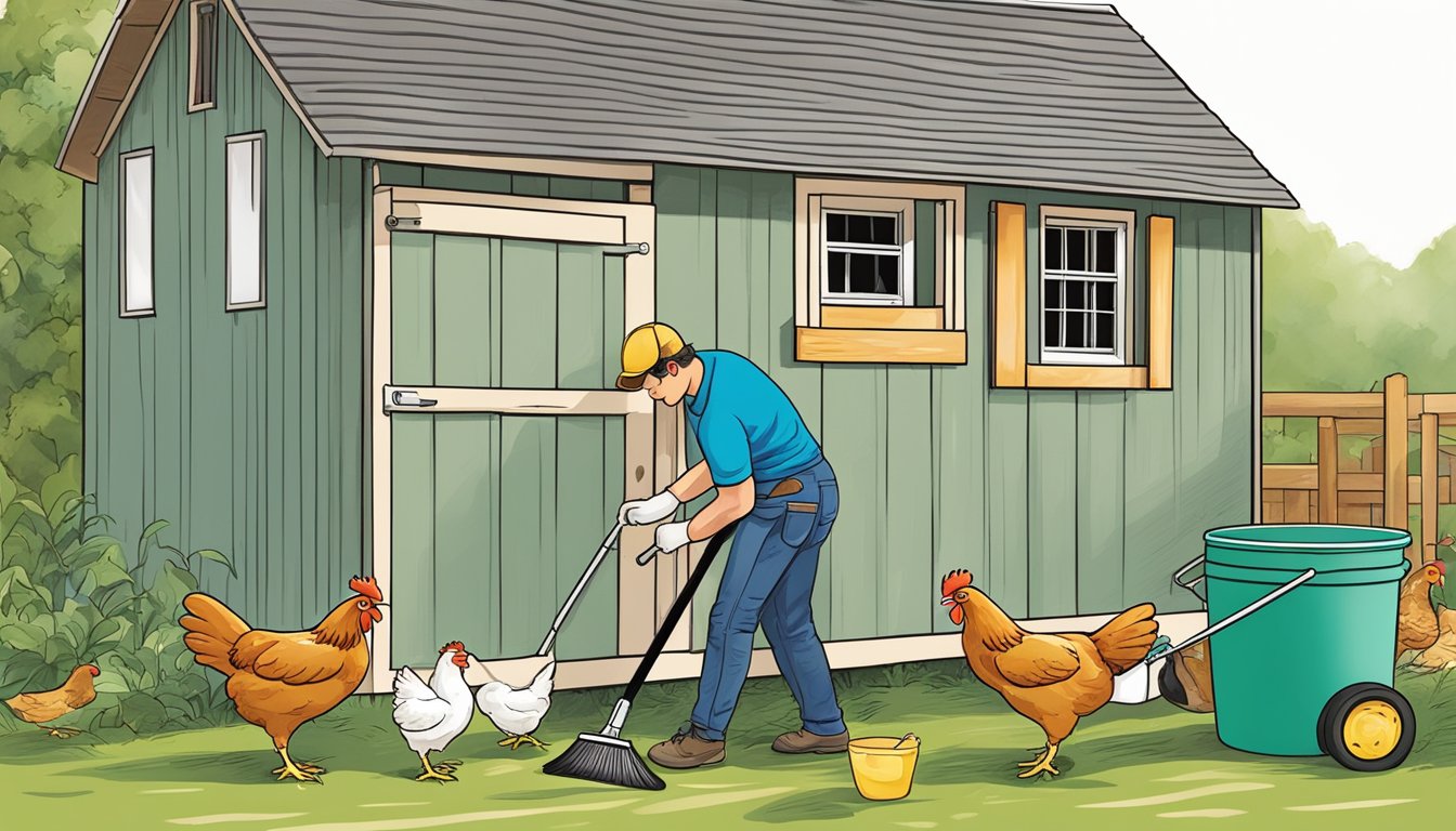 A person using approved products to deep clean a chicken coop quarterly