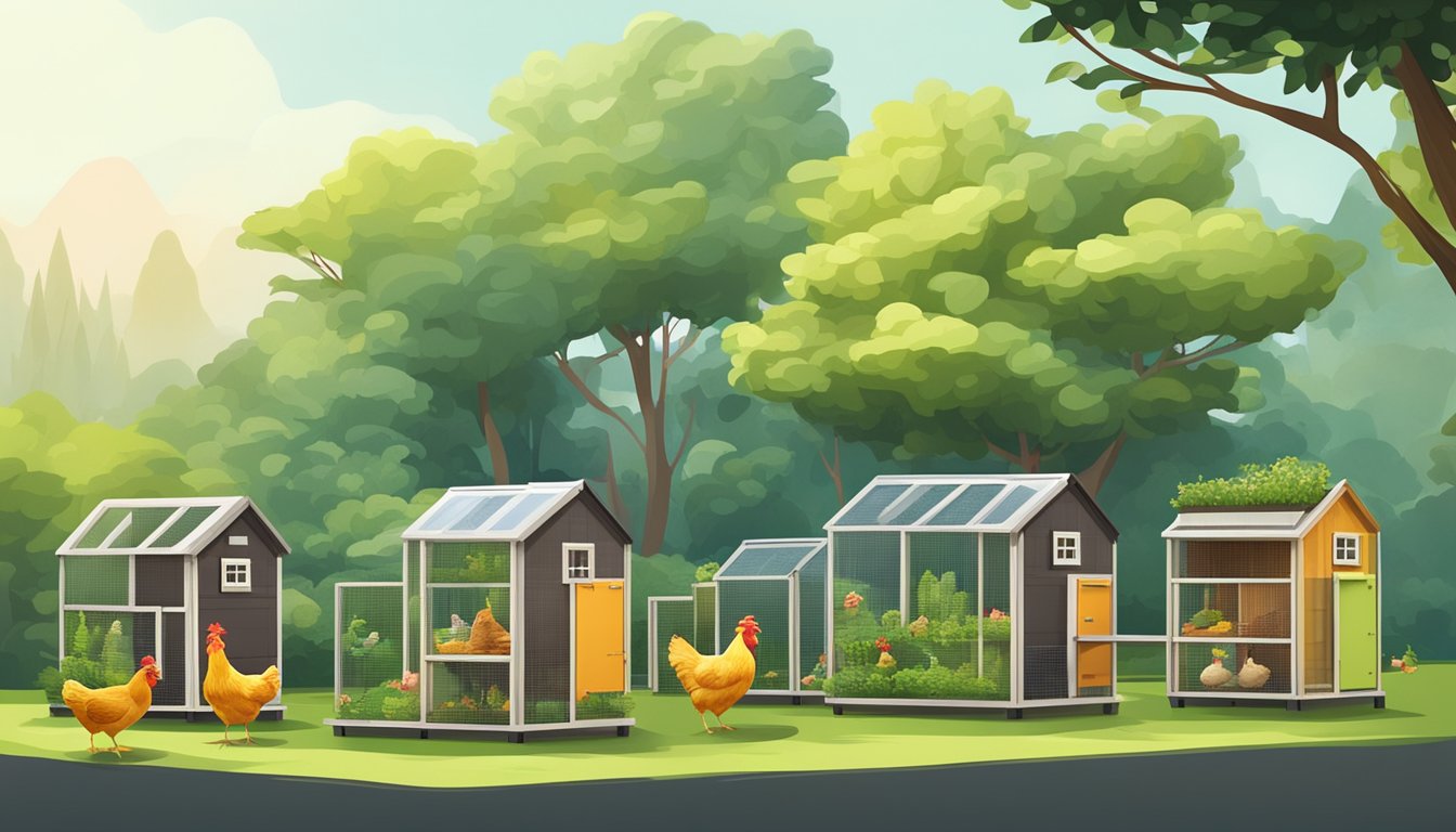 A row of 8 unique chicken coops, each with its own creative design, nestled in a small space surrounded by lush greenery