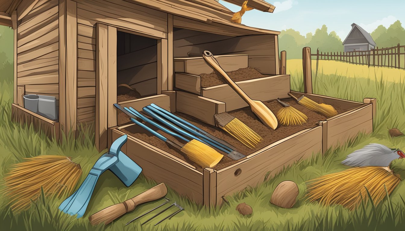 A rustic wooden nesting box surrounded by a rake, shovel, pitchfork, and other tools for chicken coop maintenance