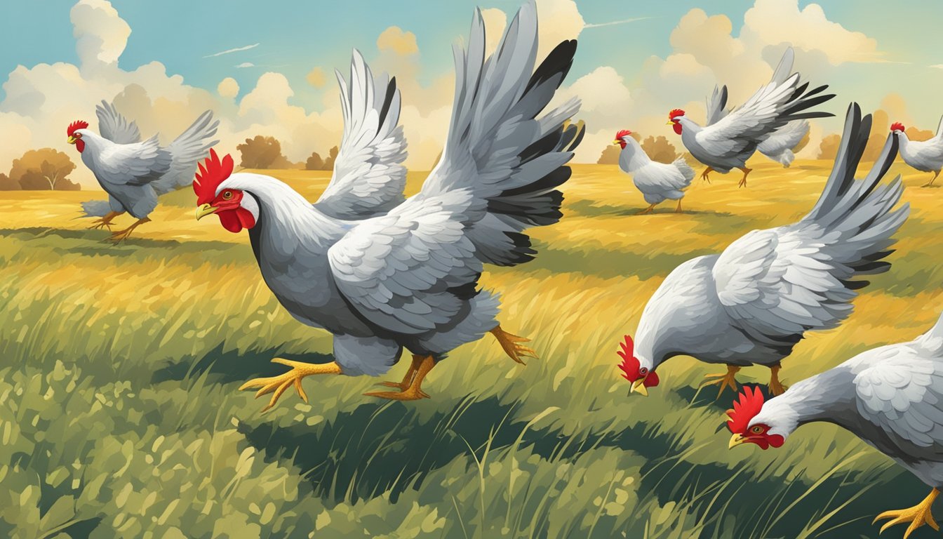 A group of chickens flapping their wings and attempting to take flight, but only managing to hover a short distance above the ground