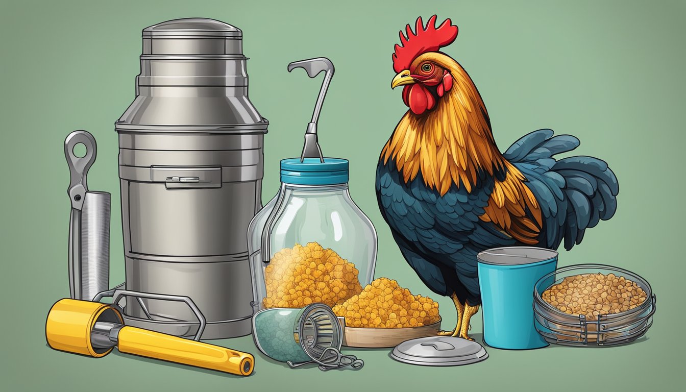 A chicken treat tumbler surrounded by 8 essential tools for coop maintenance