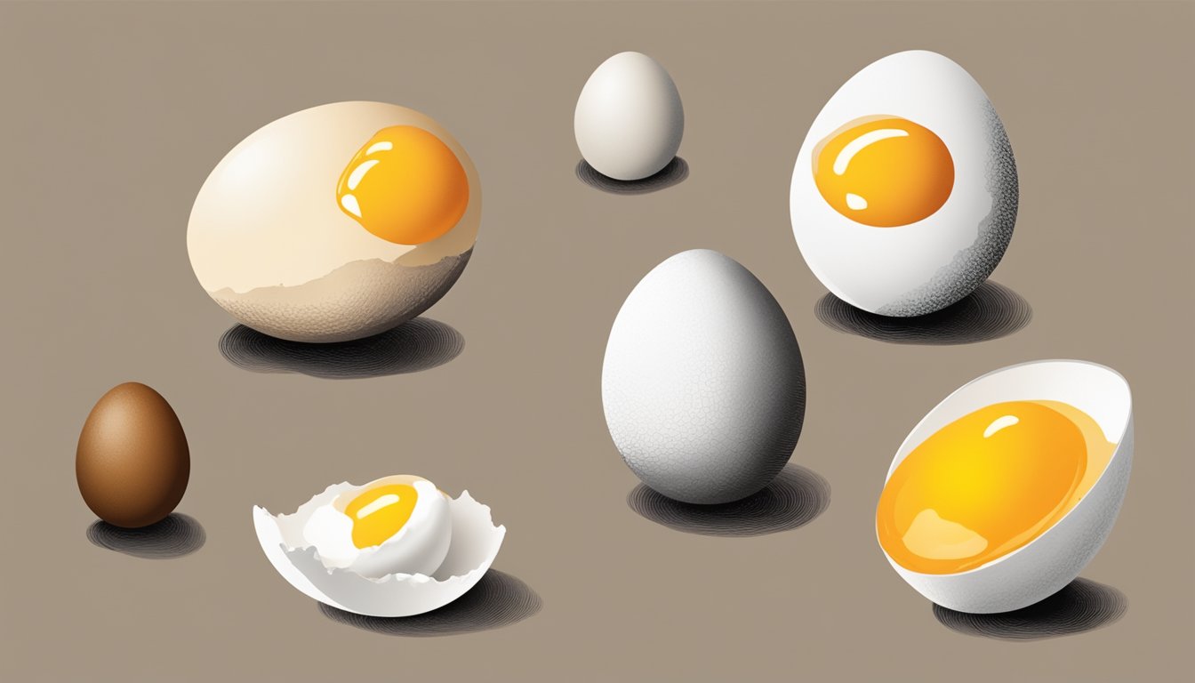 A variety of eggs in different colors, including brown and white, are arranged on a table. A cracked egg with a yolk spilling out emphasizes the debunked myth about egg color and nutrition