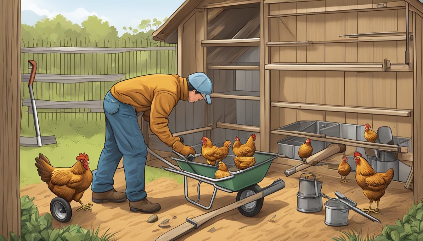 A person using various tools to maintain a chicken coop: rake, shovel, wire cutters, hammer, screwdriver, paintbrush, wheelbarrow, and gloves