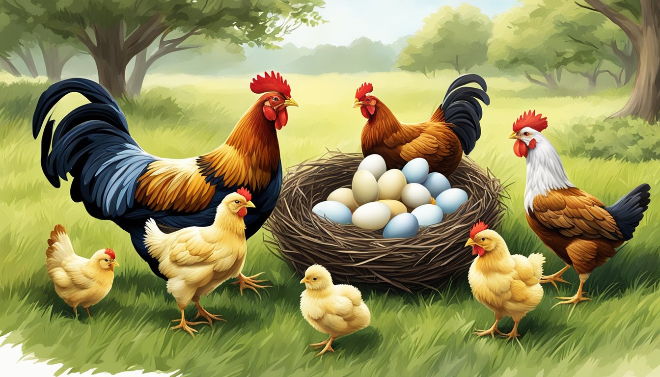 A group of chickens in a grassy yard, each sitting on a nest and laying an egg