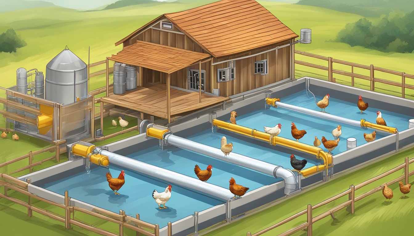 A clean water supply system for chickens, with water troughs and pipes, surrounded by healthy and vibrant chickens