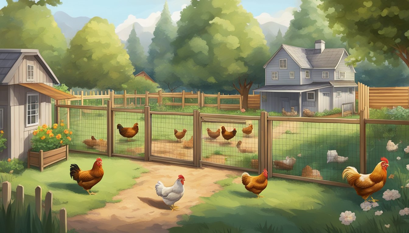 A backyard with healthy, free-ranging chickens surrounded by clean coops and well-maintained fencing