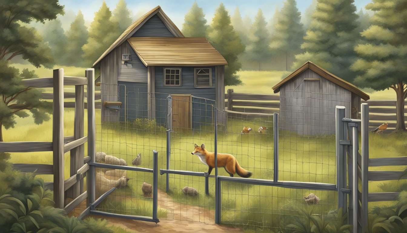 A fox lurking near a chicken coop, while other predators like raccoons and hawks circle above. A sturdy fence and watchful guard dog protect the flock