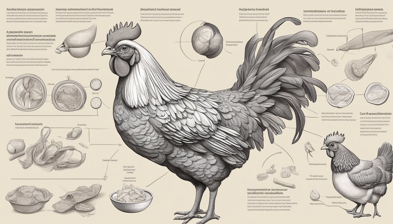 A detailed illustration of a chicken's anatomy, surrounded by images depicting common health issues and preventative measures