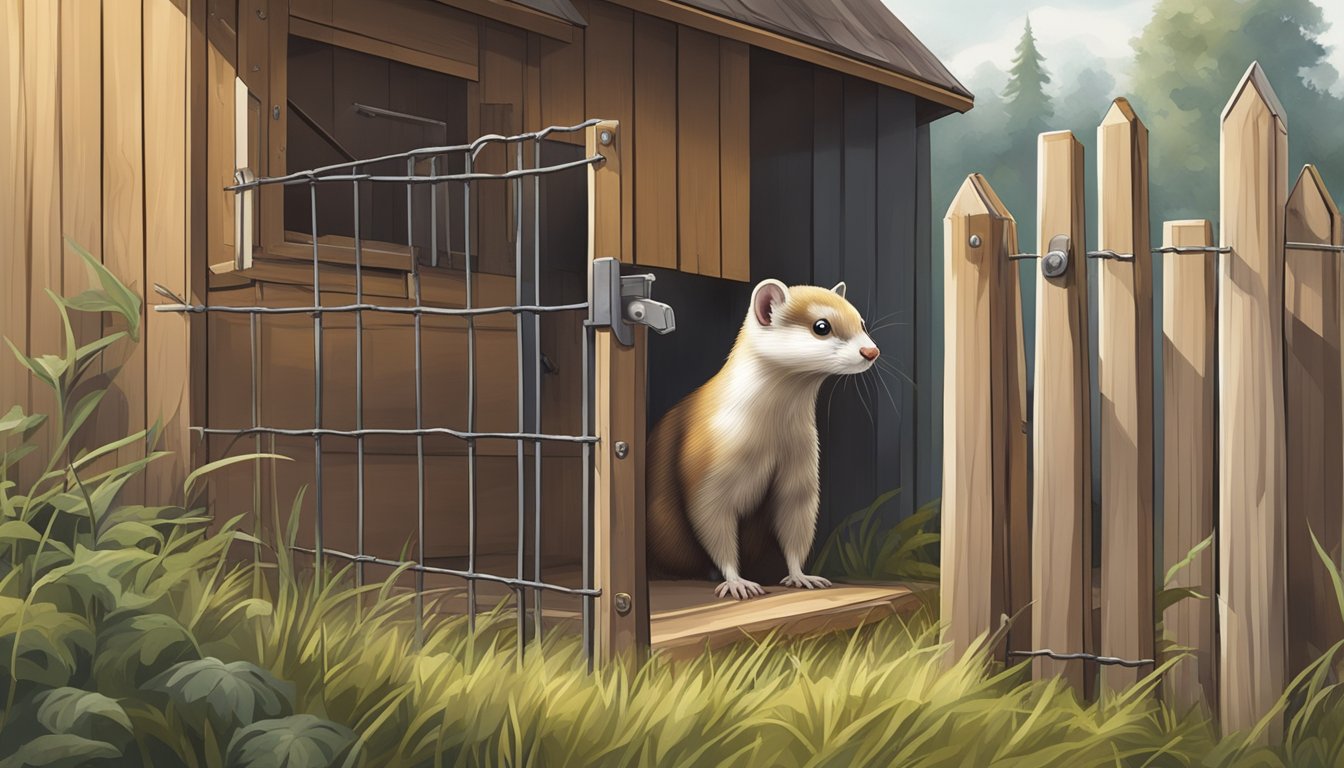 A weasel lurking near a chicken coop, with a fence and secure locks in the background