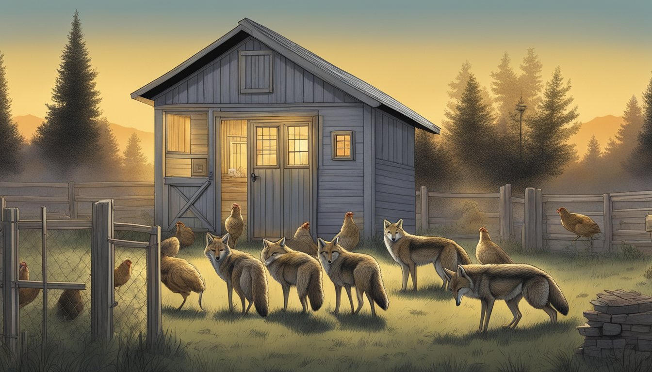 A coyote prowls near a chicken coop, eyeing the unsuspecting flock. The chickens huddle together, while a sturdy fence and motion-activated lights protect them