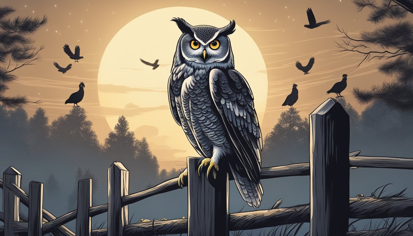 An owl perched on a fence post, eyeing a group of chickens in a protective coop. The moon casts a soft glow on the scene