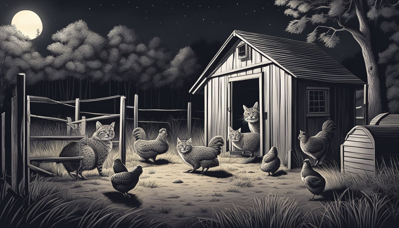 A bobcat lurking near a chicken coop at night, eyes glowing in the darkness, as the chickens huddle together in fear