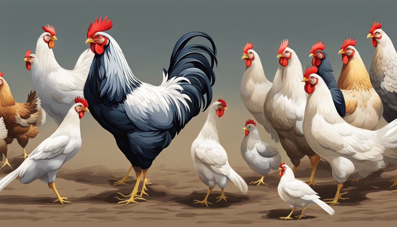 Chickens clucking and pecking at the ground, while others stand tall and alert, communicating within the flock