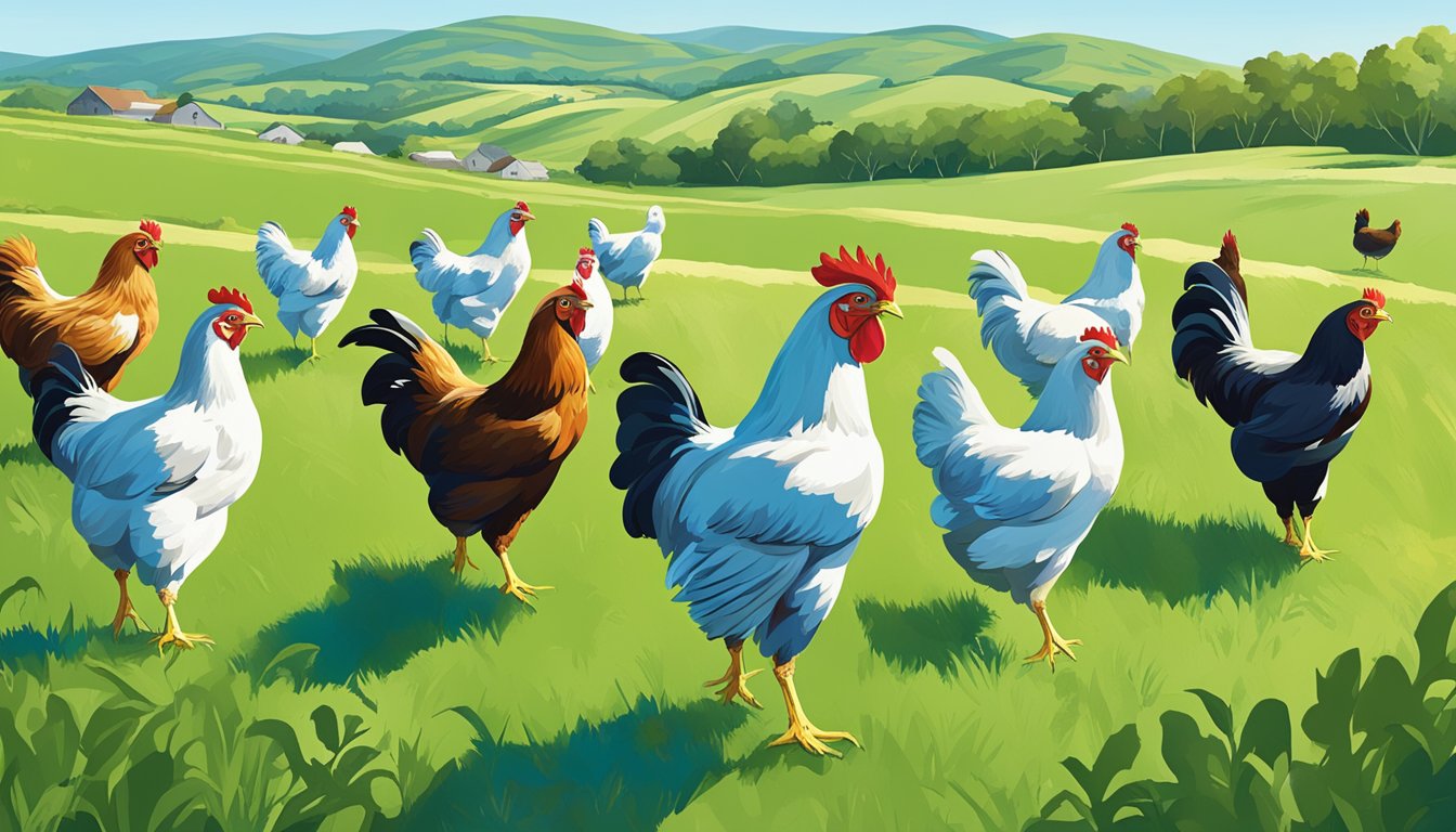 A lush green pasture filled with heritage chicken breeds pecking at the ground, surrounded by rolling hills and a clear blue sky