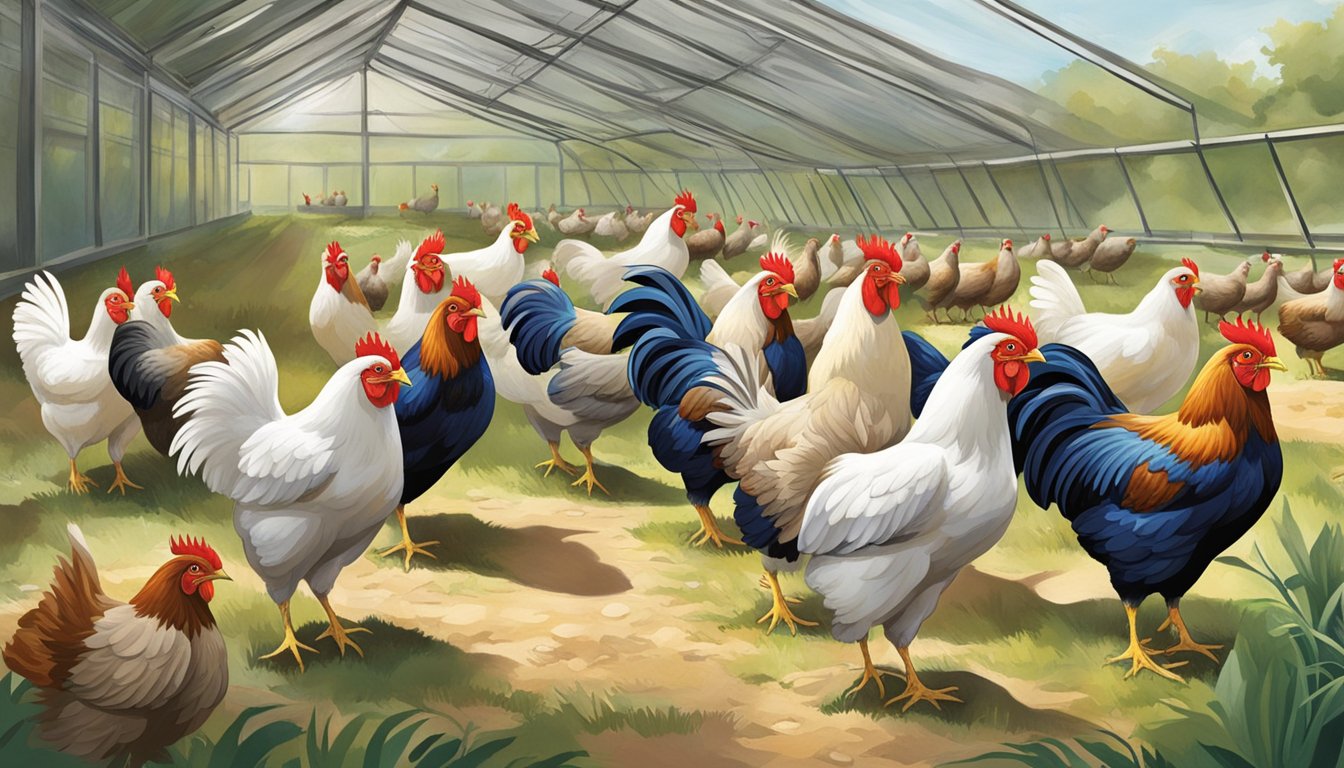 Heritage chickens roam freely in a lush, open-air hatchery. They peck at the ground and flap their wings, creating a vibrant and sustainable farming environment