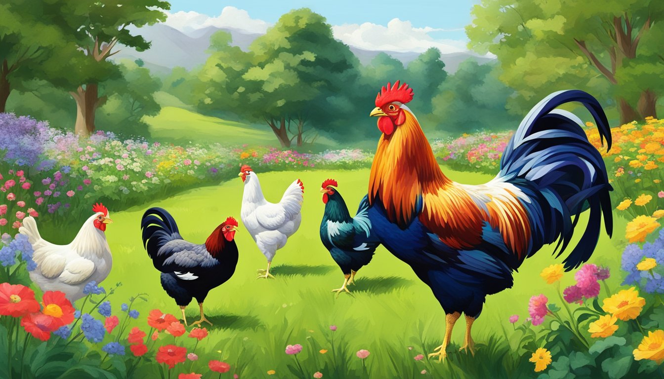 A lush green pasture with a variety of heritage chicken breeds pecking at the ground, surrounded by vibrant flowers and tall trees