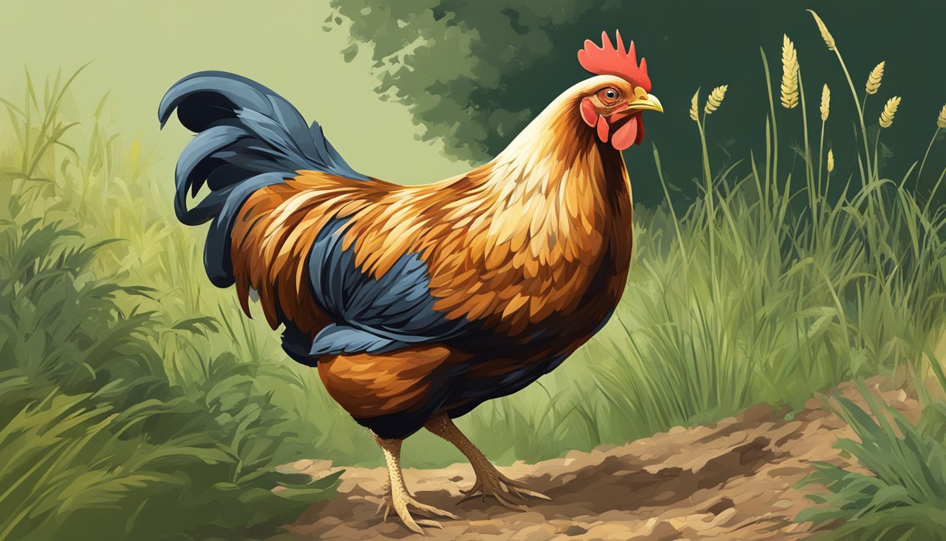 A chicken scratching at the ground, pecking at the dirt, and searching for food among the grass and leaves