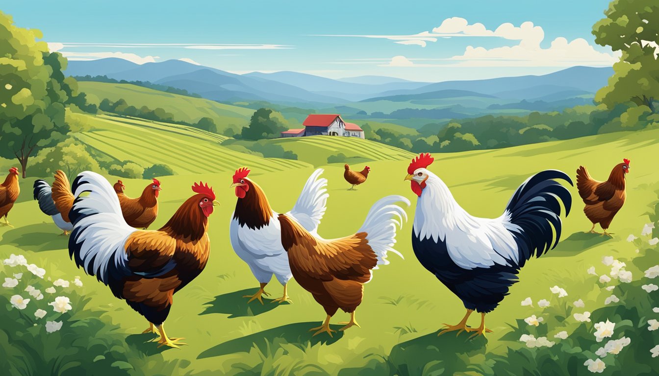 A diverse flock of heritage chickens roam freely in a lush and vibrant farm setting, with a backdrop of rolling hills and a clear blue sky